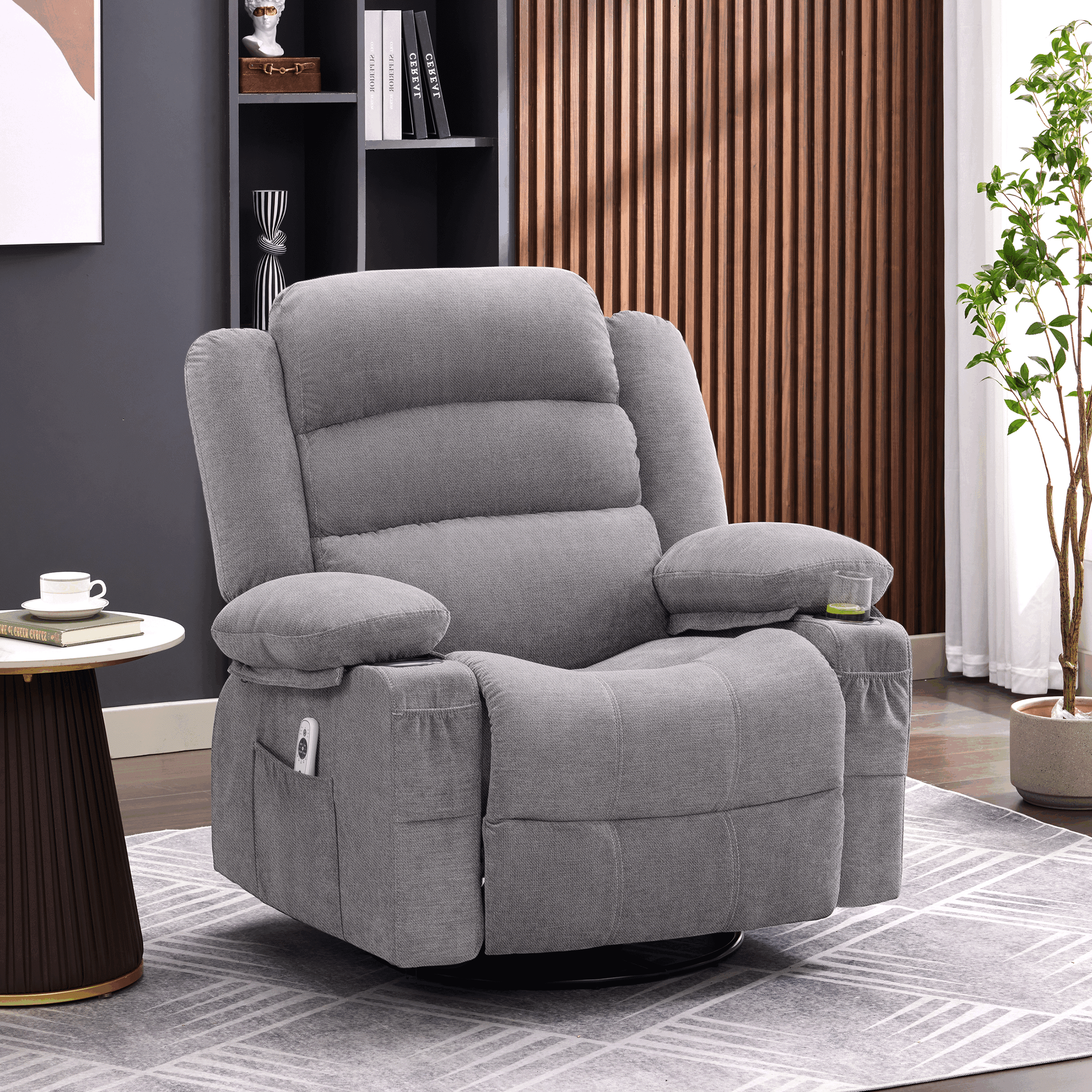 Rocker Recliner Chair with Heat and Massage, 360° Swivel Recliner Chairs for Adults, Oversized Recliner Single Sofa Seat with Cup Holders, Lazy Boy Recliner Single Sofa Seat, Grey