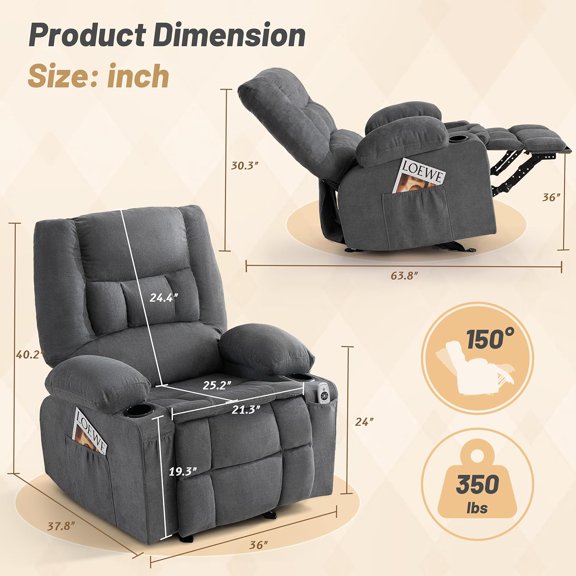 Rocker Recliner Chair with Massage Heat for Adults, Ergonomic Nursery Rocking Chair with Cup Holders USB Port Side Pockets, Relining Chair for Living Room Bedroom Office