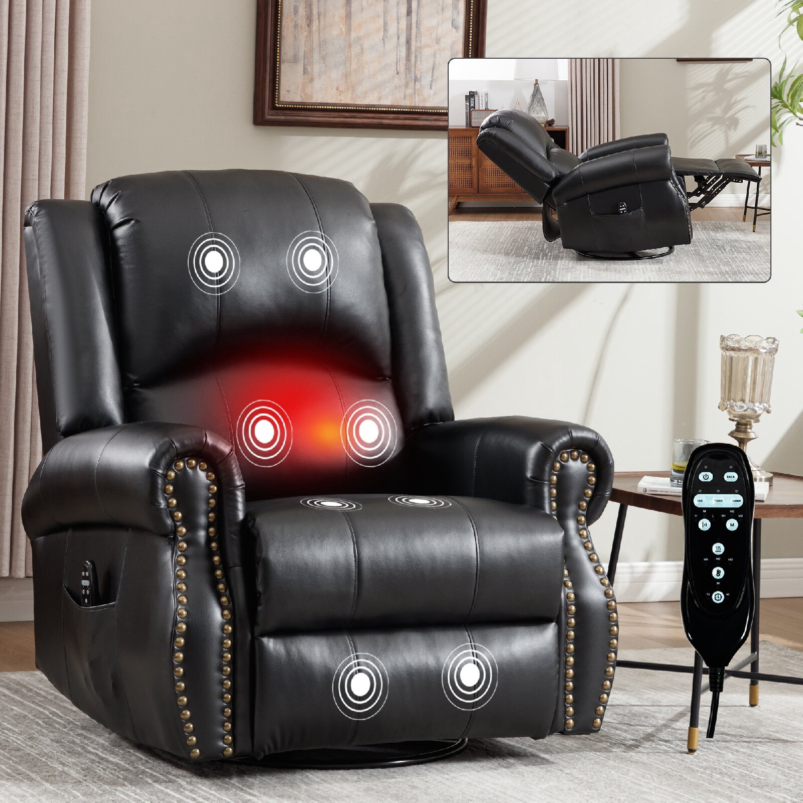 Heated Rocking Chair Rocker Recliner Chair with Massage and Heated for Adults, 360° Swivel ...
