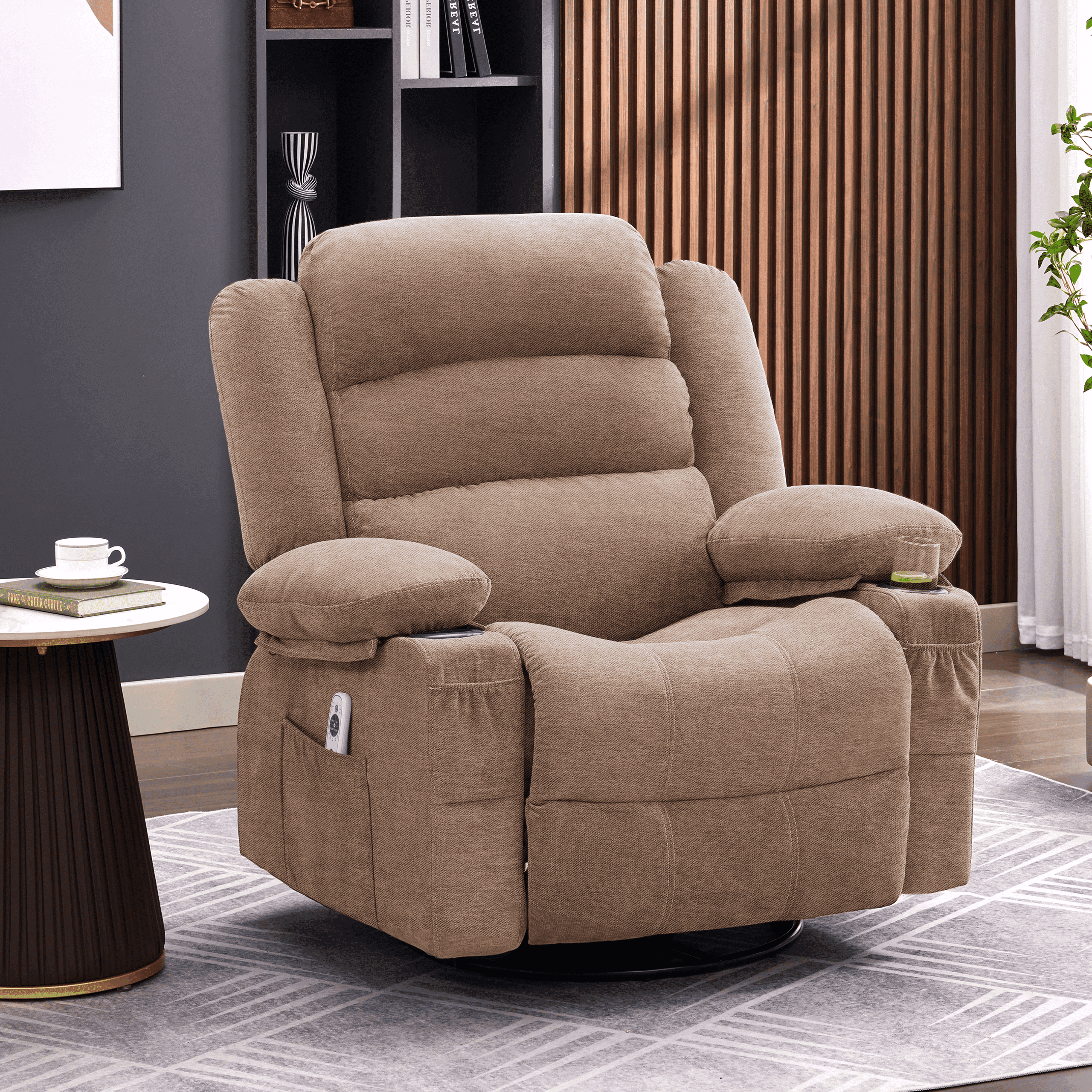 Rocker Recliner Chair with Heat and Massage, 360° Swivel Recliner Chairs for Adults, Oversized Recliner Single Sofa Seat with Cup Holders, Brown