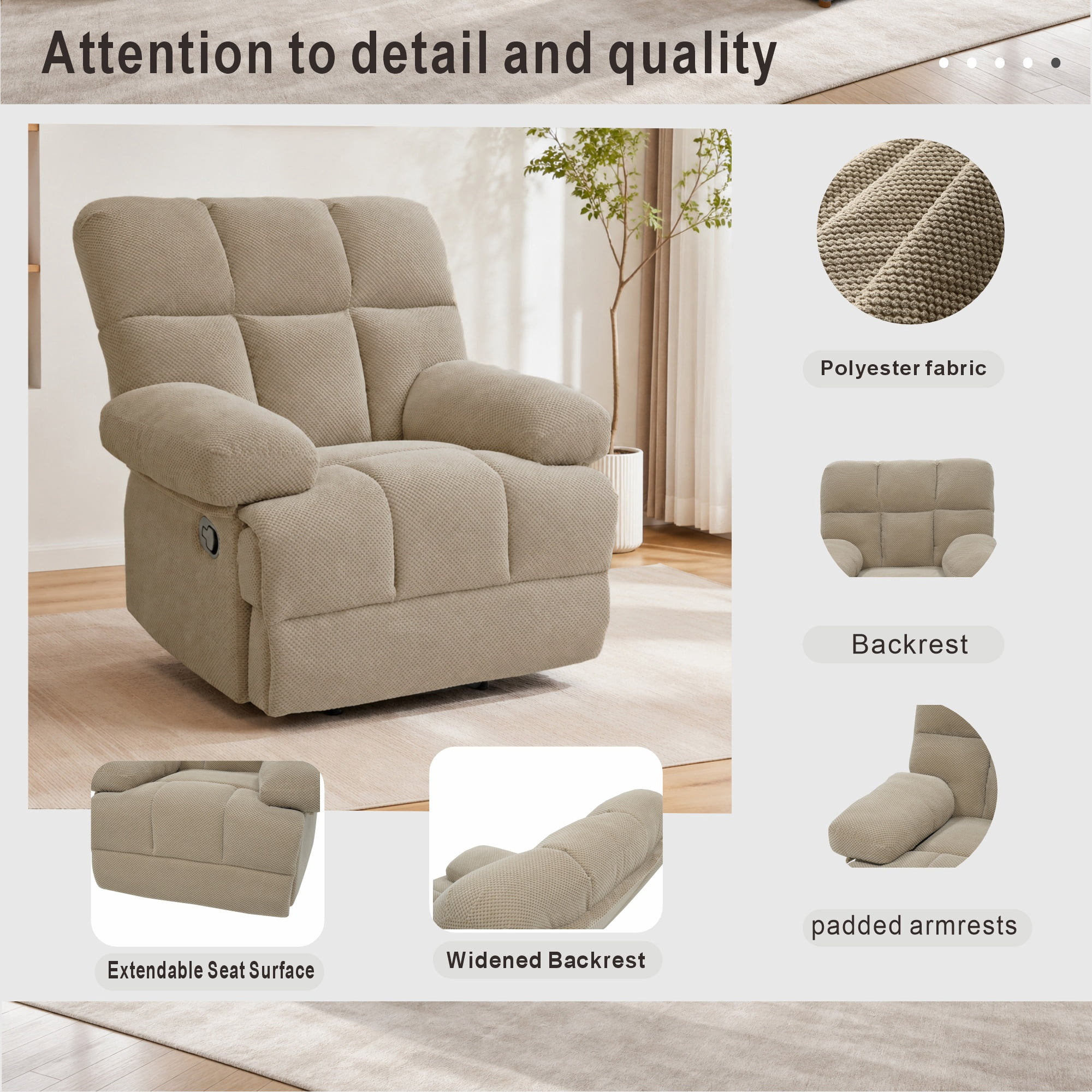 Rocker Recliner Chair with Manual Recline and Rocking Function, Modern Reclining Chair and Lounge Seating with Nubby Fabric for Living Room, Camel