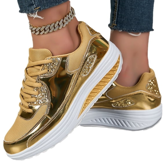 Rocker Sole Shiny Mesh Casual Sneakers Lightweight Breathable Comfort Walking Shoes
