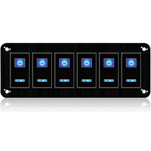Rocker Switch Panel 6 Gang Aluminum Toggle Switch Panel, 12V/24V Switch Panel, 5 Pin On-Off Blue LED Car Switches for Automotive Car Boat Truck Motorcycle Jeeps RV UTV