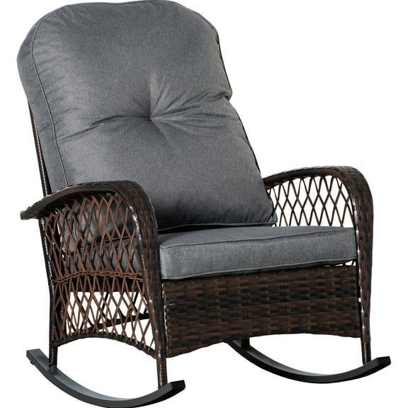 Rocker With Wide Seat And Thick Cushion, Steel Construction, For Outdoor Use In Patio, Garden, Backyard, Gray, Heavy Duty Rocking Chair Slip Bottom,