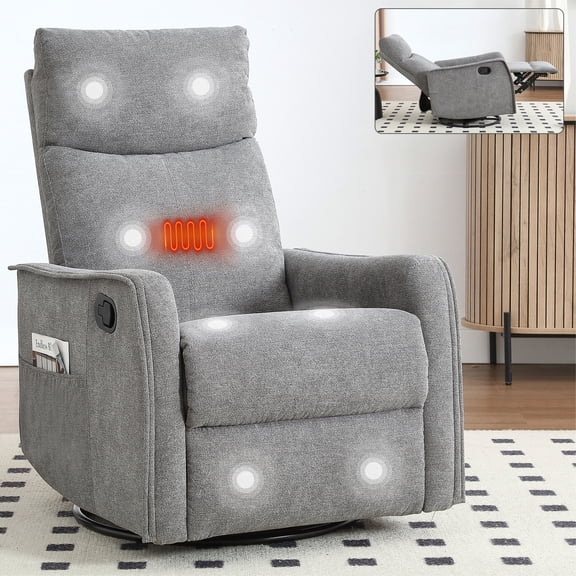 Rocker and Swivel Recliner Chair with Massage&Heat, Lazy Boy Manual Rocking Recline Chair for Living Room, Grey