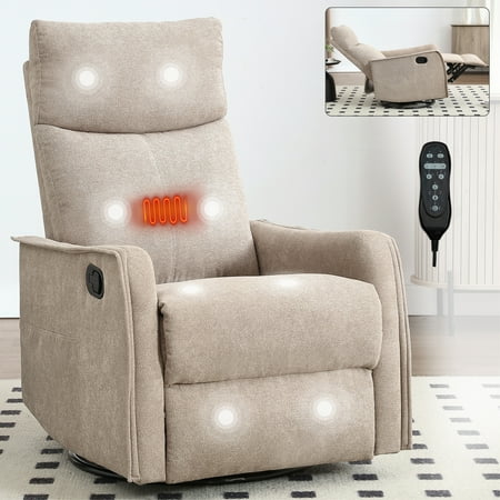 Rocker and Swivel Recliner Chair with Massage&Heat, Manual Rocking Recline Chair for Living Room, Khaki
