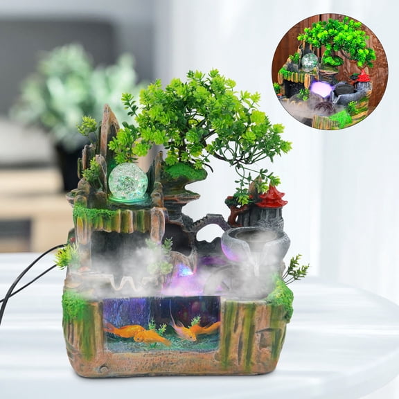 Rockery Ornament Fountain with Atomizer and LED Lights, Resin Simulation Landscape Decoration for Home or Office