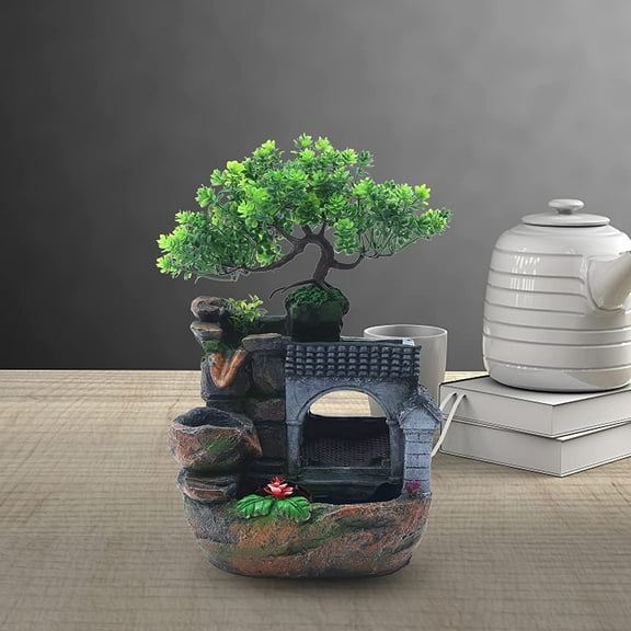 Rockery Tabletop Fountain, Chinese Feng Shui Waterfall Desktop Water Fountain Decor with LED Light, Rockery Tabletop Decoration with Windmills, Plant for Office, Home, Bedroom Desk Decoration