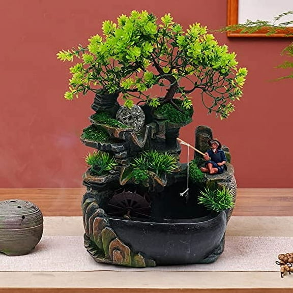 Rockery Tabletop Fountain Water Fountain Rockery Crafts Desktop Simulation Resin Rockery Bonsai with LED Automatic Pump for Office, Home, Bedroom Desk Decoration Gifts (A 7.9x5.9x1