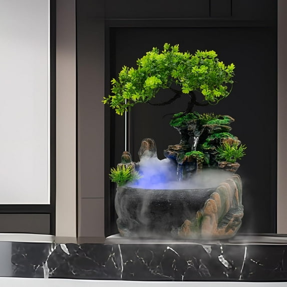 Rockery Water Fountain Desktop, Table Top rockeries Indoor Water Fountains Rockery & Bonsaim, Waterfall Fountain Indoor with LED Light for Home Office Bedroom Relaxation Desk Decor, 110V