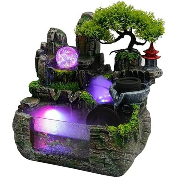 Rockery Water Fountains Table Top Water Fountain Indoor Ornaments Resin Atomizing Mini Waterfall Fountain with LED Lights for Meditation Relaxation and Wall Outlet Home Office Desk Decorate