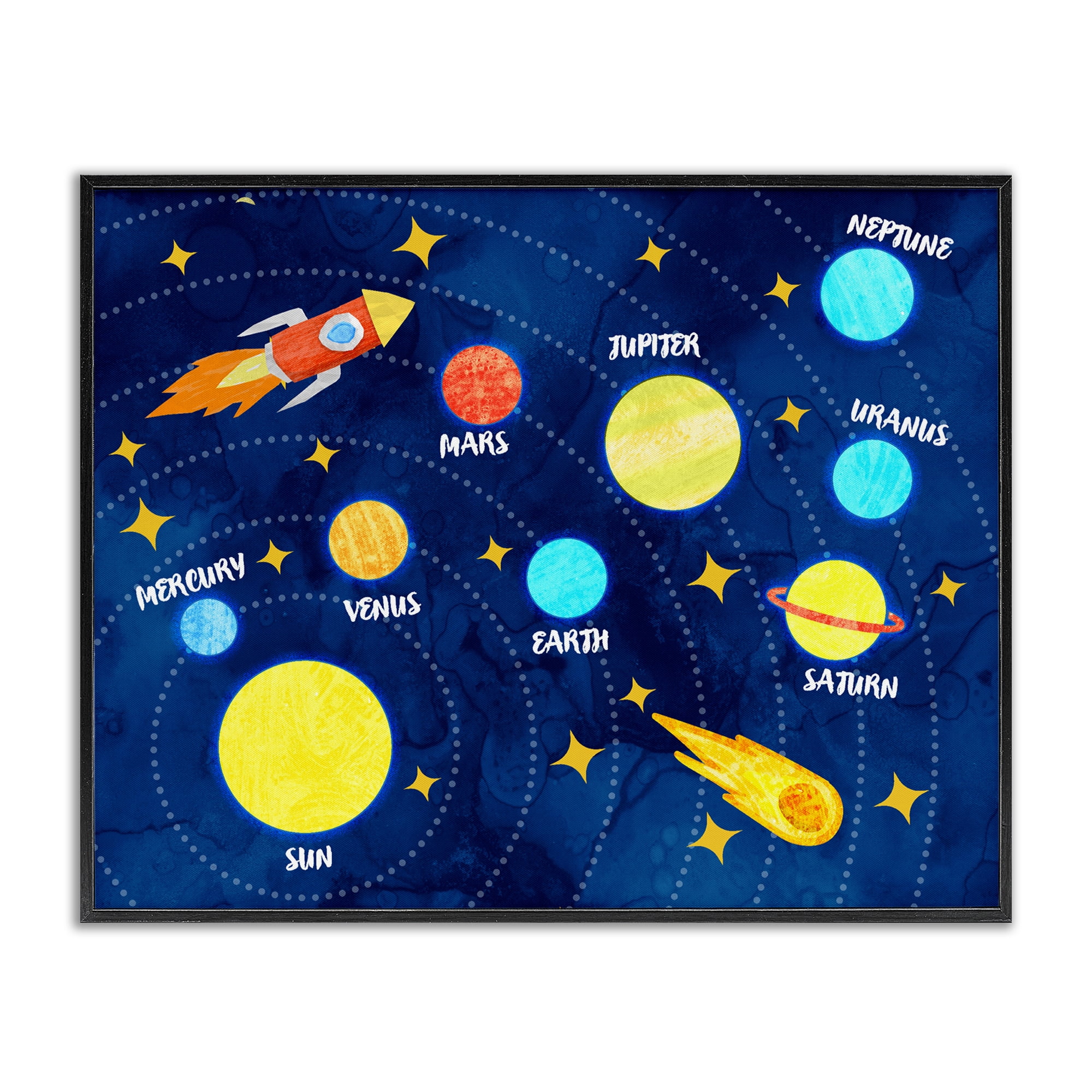Rocket Across Solar System Black Framed Giclee Art, design by Daphne Polselli