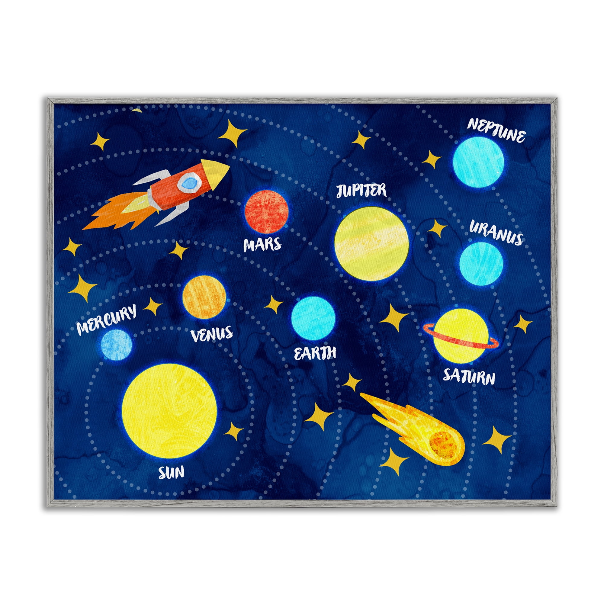 Rocket Across Solar System Gray Framed Giclee Art, design by Daphne Polselli