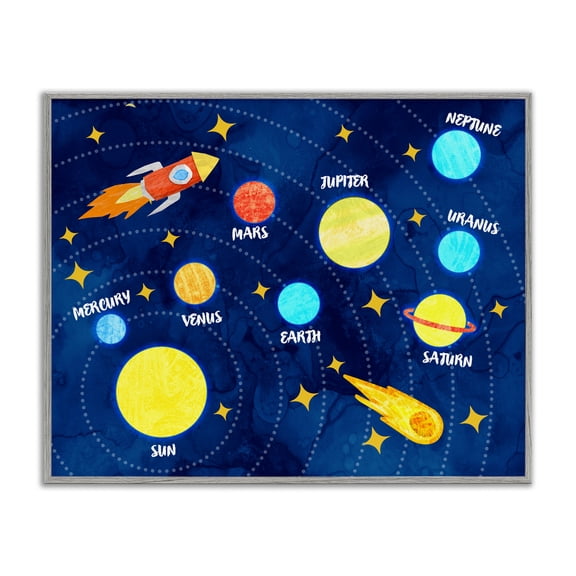 Rocket Across Solar System Gray Framed Giclee Art, design by Daphne Polselli