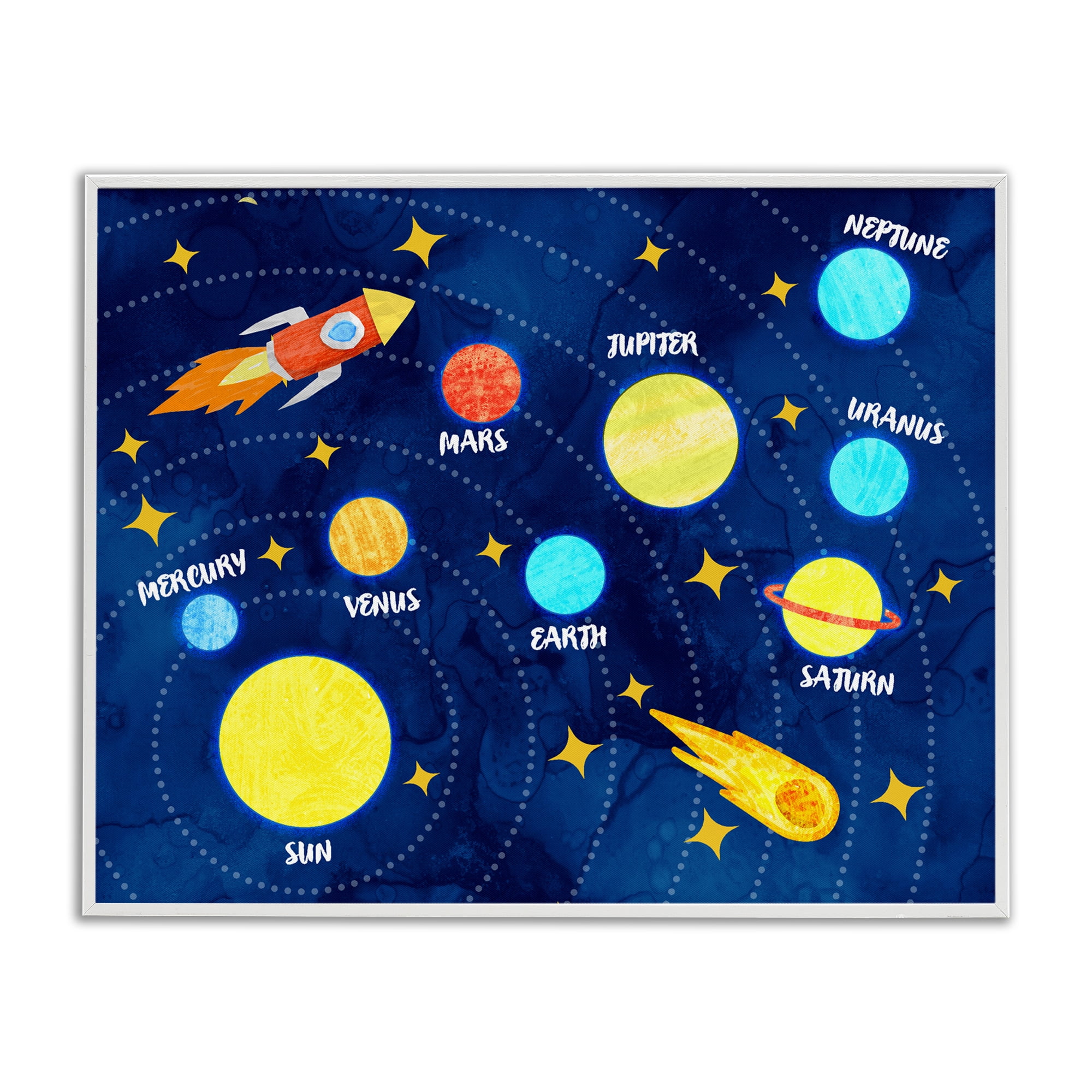 Rocket Across Solar System White Framed Giclee Art, design by Daphne Polselli