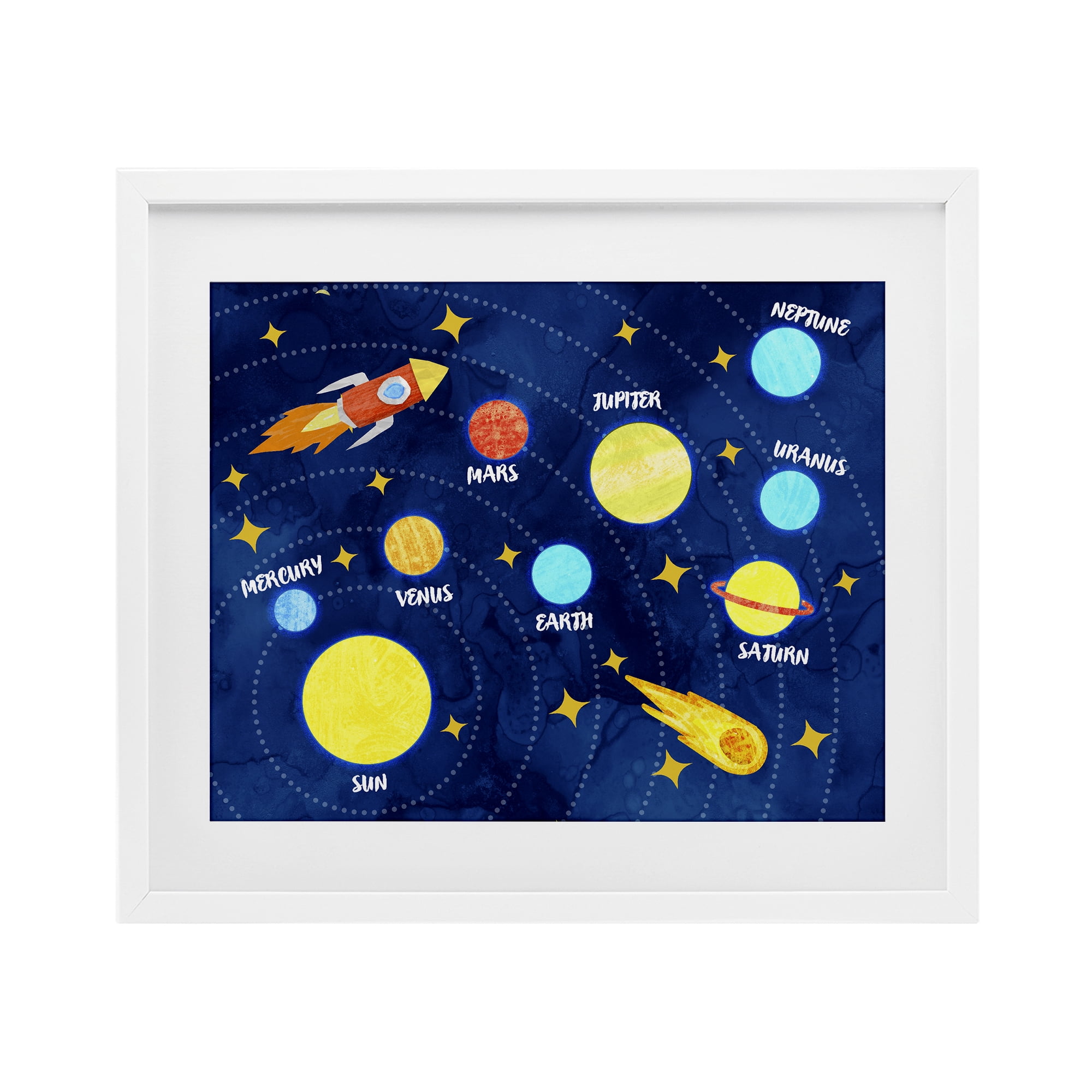 Rocket Across Solar System White Framed Print Under Glass, design by Daphne Polselli