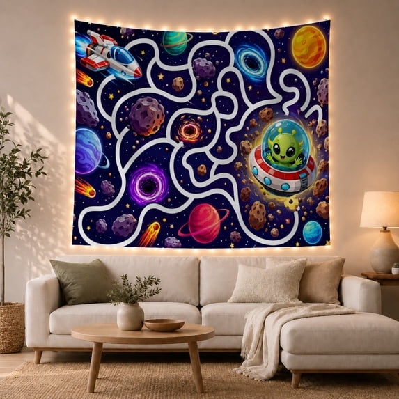Rocket and Alien in Space Maze, Whimsical Illustration for Space Enthusiasts, Cosmic Scene Art Decor, Halloween Gift, Tapestry Wall Hanging for Bedroom and Living Room