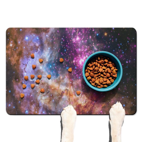 Rocket & Astronaut Pet Food Mat - Waterproof Dog Feeding Mat with Planet Design - Absorbent Non-Slip Placemat (Starry Night Sky)