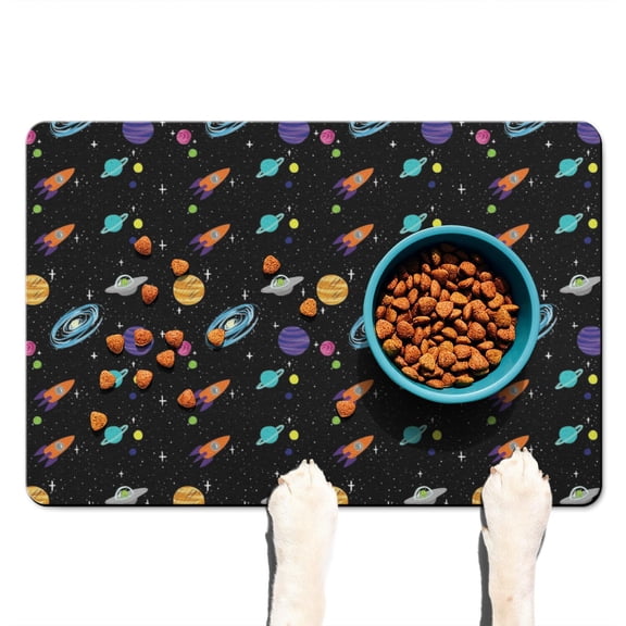 Rocket & Astronaut Pet Food Mat - Waterproof Dog Feeding Mat with Planet Design - Absorbent Non-Slip Placemat (Starry Night Sky)