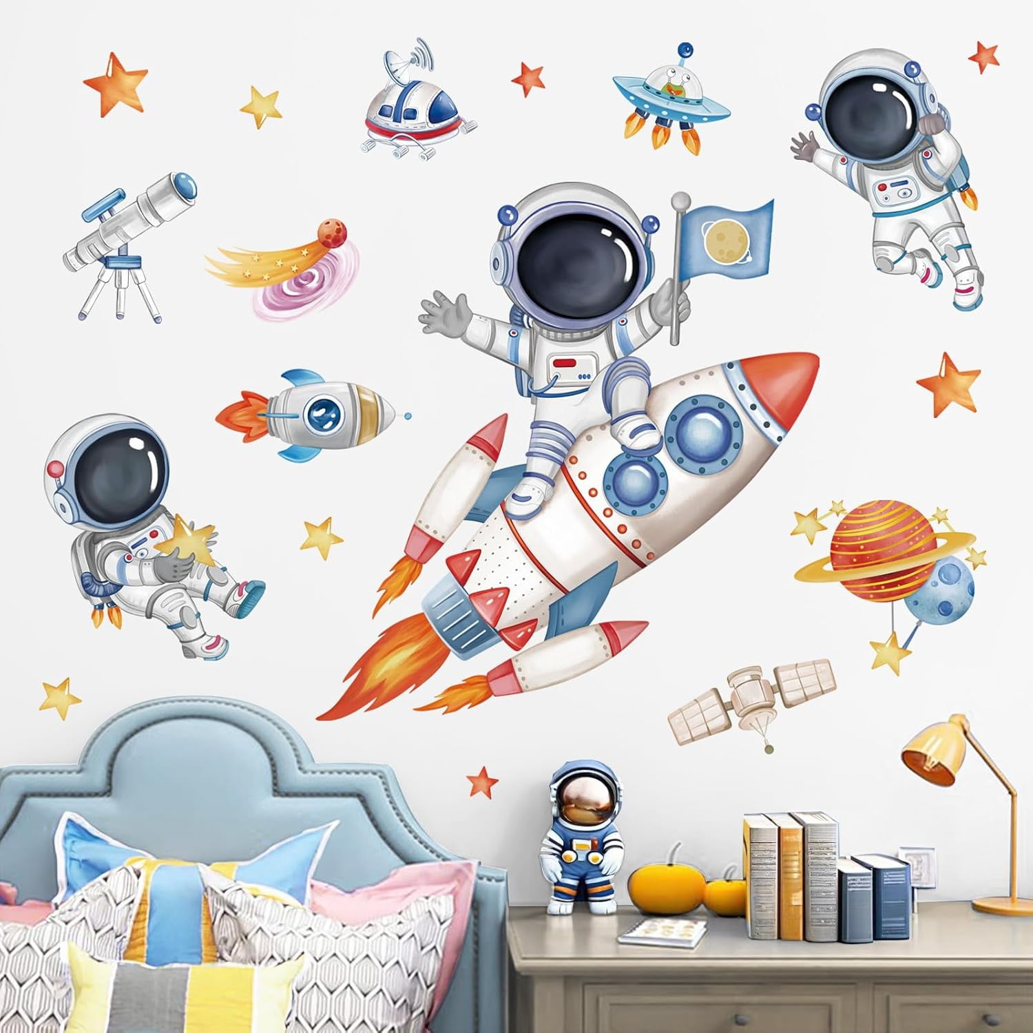 Rocket Astronaut Wall Stickers Universe Space Planet Outer Space Peel ...