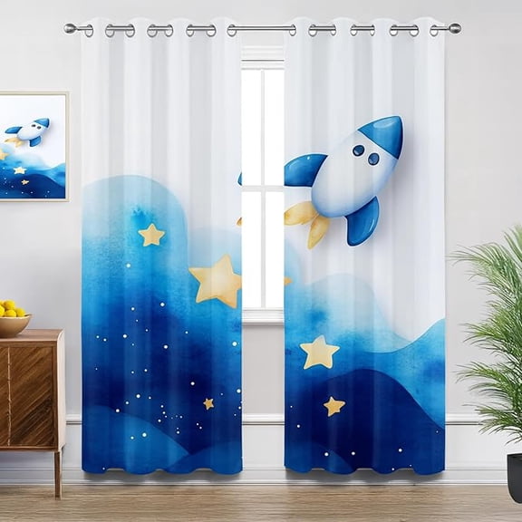 Rocket Blackout Curtains for Bedroom Living Room, Watercolor Cartoon Space Rocket Kids Boys Patterned Window Treatments, Room Darkening Thermal Insulated Grommet Drapes 26"W x 45"L (Pack of 2)