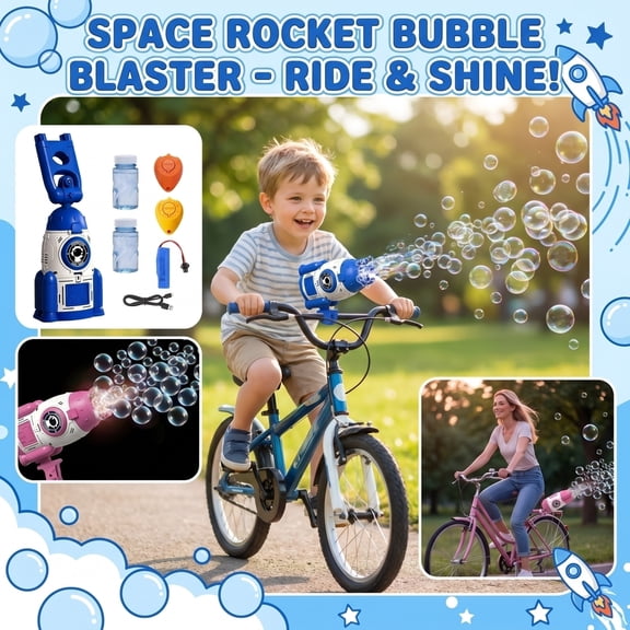 Rocket Bubble Machine for Bike and Scooter, Automatic Bubble Blaster with Remote Control, Cool Lights & Music, 360° Adjustable Base, Outdoor Ride-On Gift