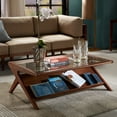 thumbnail image 1 of Rocket Coffee Table w/Tempered Glass Top - Mid-Century Modern Walnut Wood Accent Table for Living Room - 44" Rectangular, Pecan Finish, Rubber Solid Wood, Birch Veneer, Functional Storage Shelf, 1 of 6