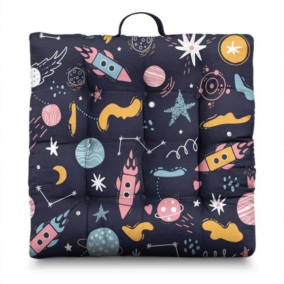 Rocket Design Meditation Pillow, Thick Square Floor Cushion with Cosmos Print, Soft & Supportive for Long Sitting Sessions