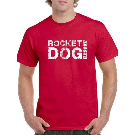 "Rocket Dog Rescue" Across Chest White Text Men Red T-Shirt, Male Medium