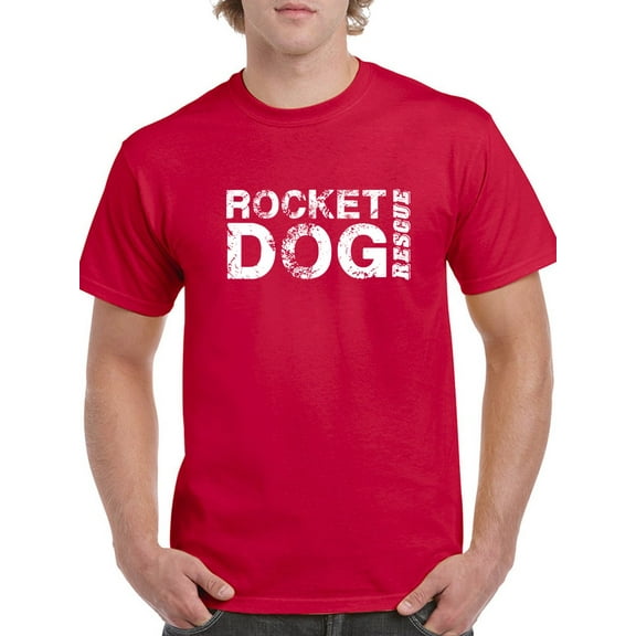 "Rocket Dog Rescue" Across Chest White Text Men Red T-Shirt, Male Small