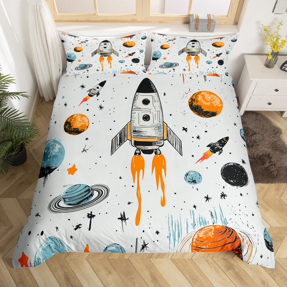 Rocket Duvet Cover Twin,Watercolor Planets Bedding Set,Cartoon Rocket Quilt Cover,Doodle Starry Sky Galaxy Bed Set,2 pcs for Bedroom(No Comforter)