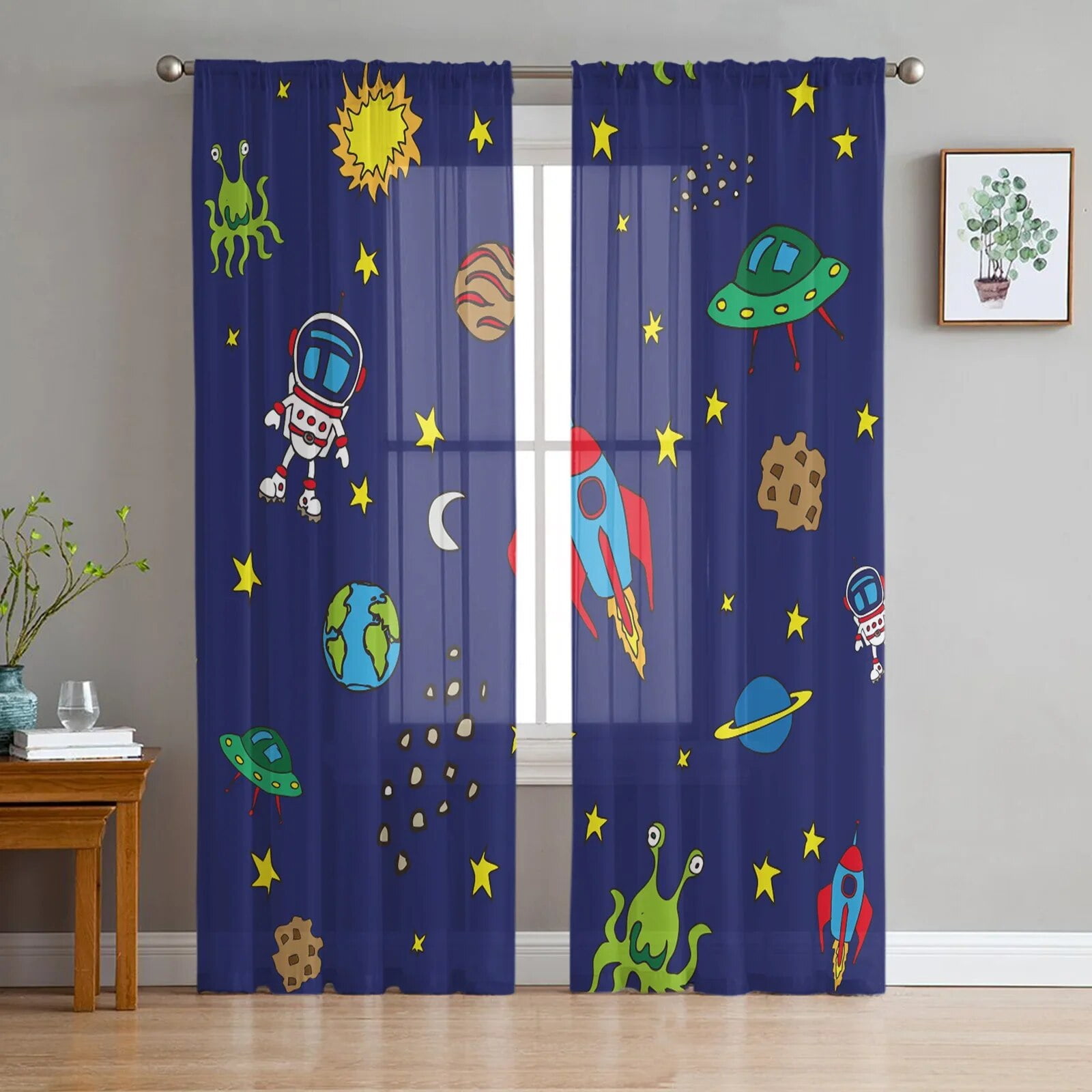 Rocket Flying Cartoon Universe Space White Tulle Sheer Window Curtains ...