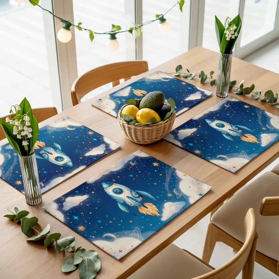 Rocket Galaxy Dream Sky Placemats Set of 4,Wipeable Washable Table Mats for Dining Tables, Stars Moon Planet Place Mats for Kitchen Event Party Tabletop Decor