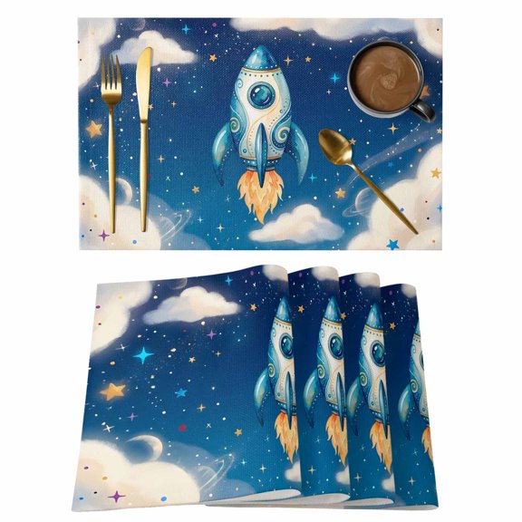 Rocket Galaxy Dream Sky Placemats Set of 6,Wipeable Washable Table Mats for Dining Tables, Stars Moon Planet Place Mats for Kitchen Event Party Tabletop Decor