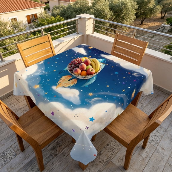Rocket Galaxy Dream Sky Table Cloth 60x60in, Waterproof Square Tablecloth Wipeable Tablecloths Stars Moon Planet Table Covers for Dining Tables Party Indoor Outdoor