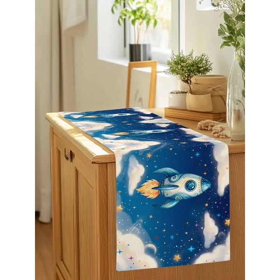 Rocket Galaxy Dream Sky Table Runner 36 Inches Long,Kitchen Dining Tablerunners Stars Moon Planet Linen Table Runners Dresser Scarves for Home Dinner Wedding Holiday Party Decor