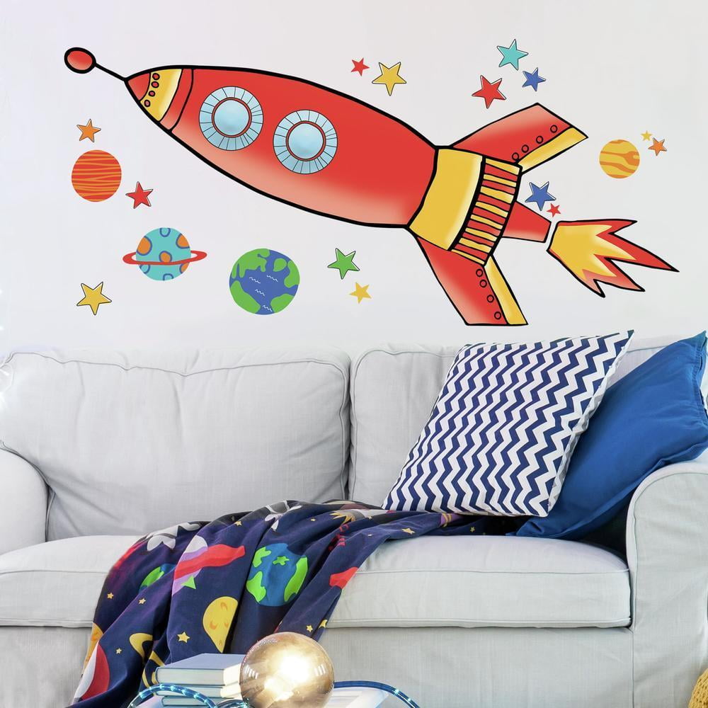 Colorful Rocket and Planets Peel and Stick Wall Decals
