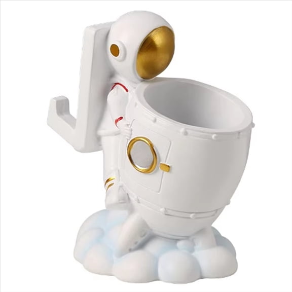 Rocket Hugging Pen Holder, Creative Space Theme Pencil Cup for Desk Organization, Aesthetic Desktop Stationery Storage, Unique Office Gift 4.7in,White