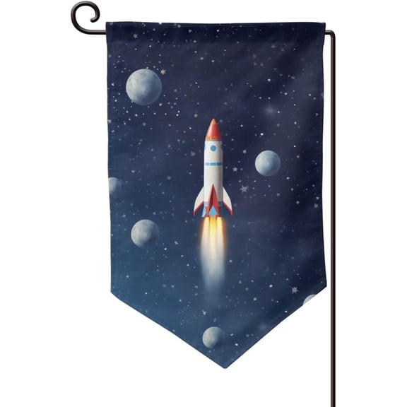 Rocket In Space Vertical Garden Flag Double Sided 12 x 18 Inch Seasonal Yard Banner for Outdoor Hanging Decoration One Size