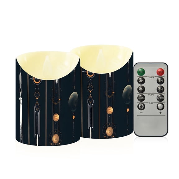 Rocket Launch Pattern Flameless Candles 2 PCS with Remote Realistic Moving Flame LED Tapered Pillar Set for Home Decor