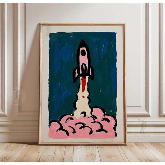 Rocket Launch Poster Retro Space Wall Art Modern Nursery Room Decor, Unframed Poster