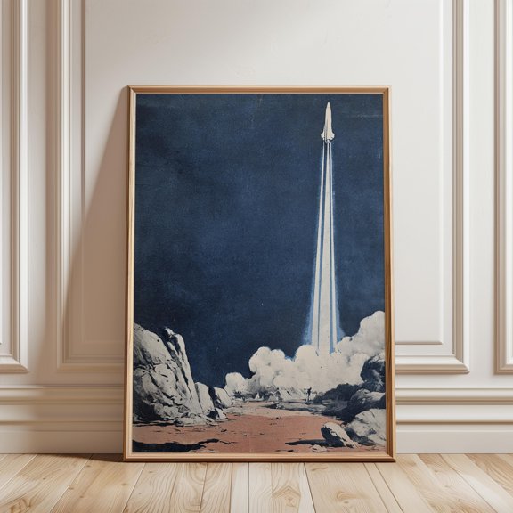 Rocket Launch Poster, Stylized Landscape, Blue Sky, Desert Scene, Poster Only
