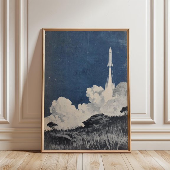 Rocket Launch Poster, Stylized Landscape, Blue Sky, Desert Scene, Poster Only