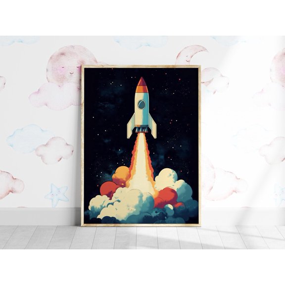 Rocket Launch Space Print Retro Playroom Art Boy Decor Colorful Theme Child Nursery Wall, Unframed Paper Poster 8x10in