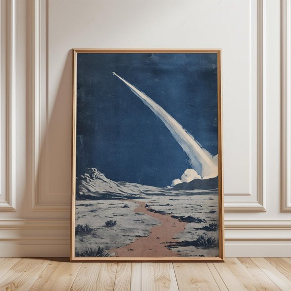 Rocket Launch Stylized Landscape Blue Sky Desert Scene Space Art Decor, Stretched Canvas 12x16in