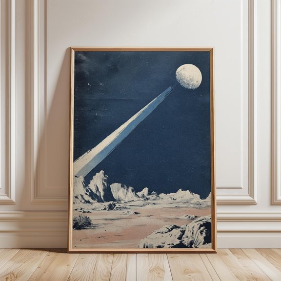 Rocket Launch Stylized Landscape Blue Sky Desert Scene Space Art Print, Stretched Canvas 12x16in