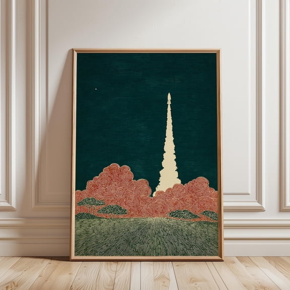 Rocket Launch Vintage Space Landscape Teal Orange Cream Science Art Print, Unframed Canvas 24x36in