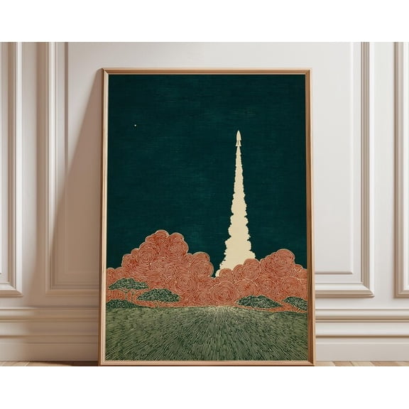 Rocket Launch Vintage Space Landscape Teal Orange Cream Wall Art, Unframed Paper Poster 8x10in