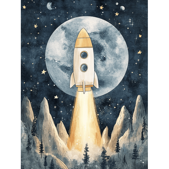 Rocket Launch Watercolor Canvas Print Suitable for Living Room Bedroom Office Dining Room and Hallway Decoration.