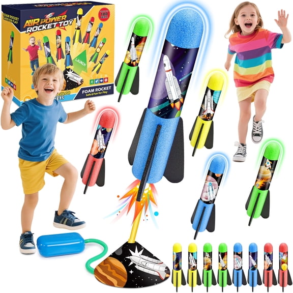 Funforfun Rocket Launcher for Kids, Space Launcher with 8 Foam Rockets, Outdoor Toys for Kids 3 4 5 6 7 Year Old Boys, Gifts for Boys Ages 3+